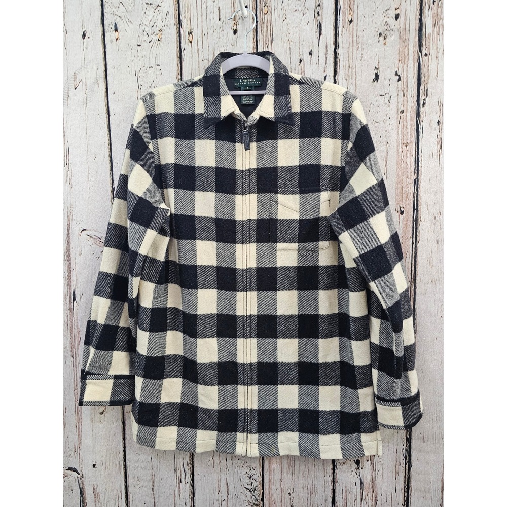 VINTAGE Ralph Lauren Women's S Plaid 100% Wool Blend Zip Up Sweater Jacket‎ Y2K